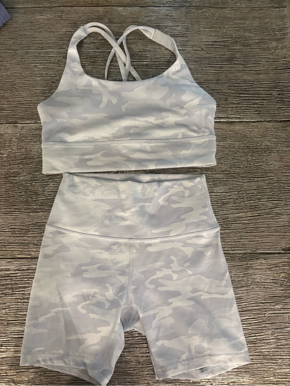 lululemon athletica White & Light Gray Camo Sports Bra and High-Rise Shorts Set